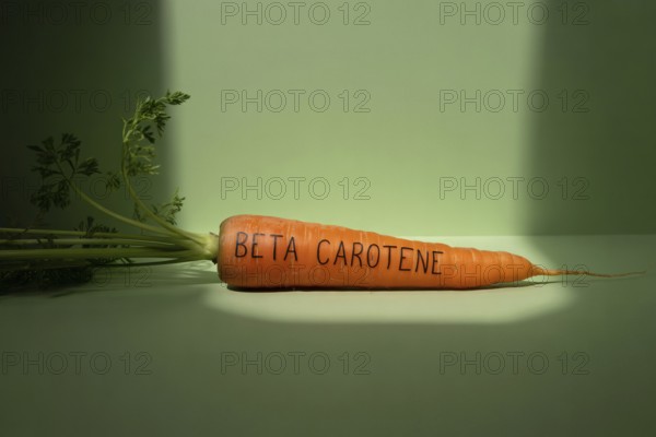 Orange carrot with beta carotene inscribed on its surface. Studio image highlighting nutrient content and organic form. Generative ai, AI generated