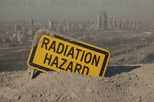Radiation warning sign with text Radiation Hazard in scorched earth. with destroyed city. Symbol for danger of nuclear war and environmental decay. Generative ai, AI generated