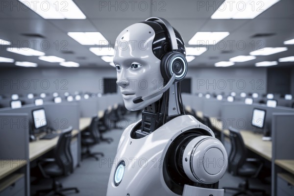 White AI robot with headset in empty call center. Automation replacing human customer service roles. Generative Ai, AI generated
