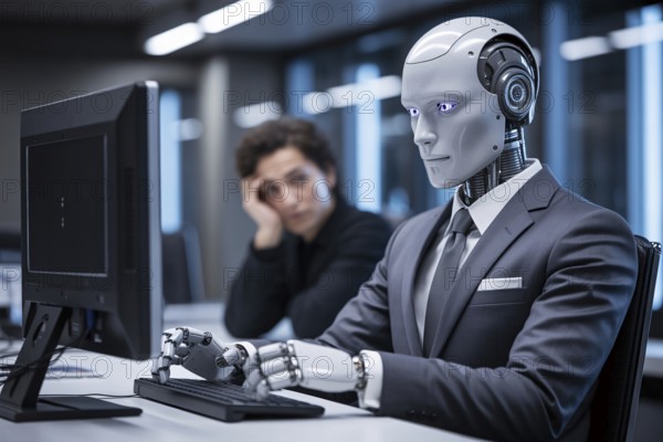 Humanoid robot in suit working on office computer as human watches. Corporate scene illustrates AI replacing human labor in the modern workplace. Generative ai, AI generated