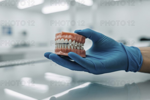Gloved dental hand holding realistic teeth model. Clean clinical image representing precision, hygiene, and oral health. Generative ai, AI generated
