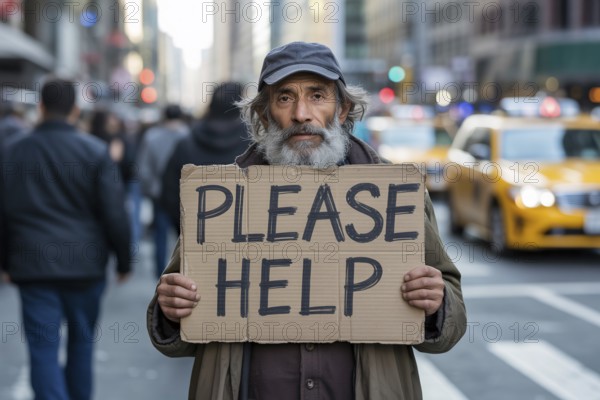 Elderly homeless man holding Please help sign on busy city street. Emotional image highlighting poverty and urban neglect. Generative ai, AI generated