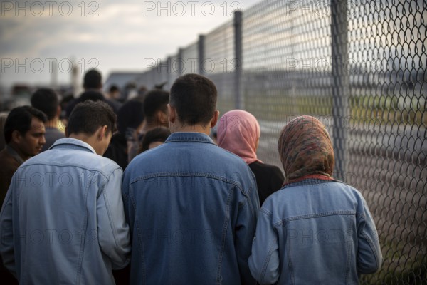 Immigrants at border crossing facing uncertain future. Men in denim and women in hijabs stand before a chain-link fence symbolizing division and hope. Generative ai, AI generated