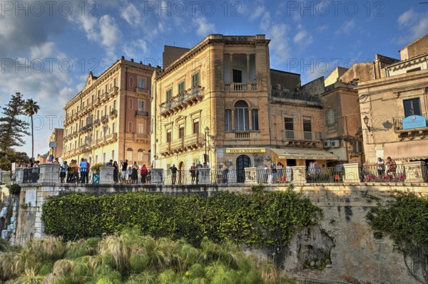 HDR, Largo Aretusa, Fonte Aretusa, Lively bridge in the old town with lush greenery and blue sky in the background, Ortigia Island, Isola di Ortigia, Historic old town, Syracuse, Sicily, Italy