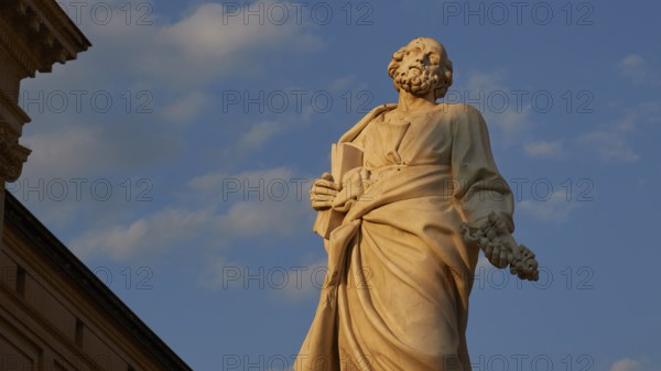 Cathedral of Syracuse, detail of a statue in front of a blue sky, part of a historic building, Ortigia Island, Isola di Ortigia, historic city centre, Syracuse, Sicily, Italy
