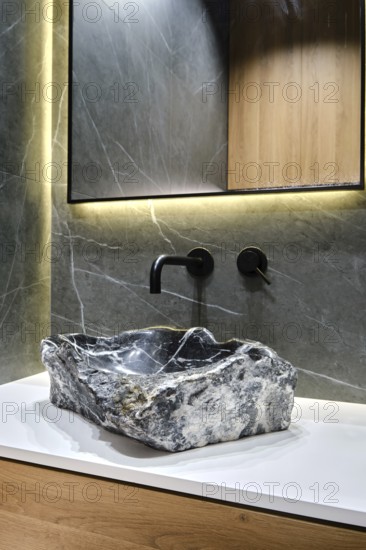 A unique stone sink made from natural rock rests on a sleek countertop in a modern bathroom. Soft lighting highlights the textures of the sink and complements the minimal decor and wooden elements
