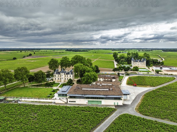 Chateau Pichon Longueville Comtesse de Lalande Vineyard and Chateau Pichon Longueville Baron Vineyard around Pauillac from a drone, Bordeaux, Gironde, Nouvelle-Aquitaine, France