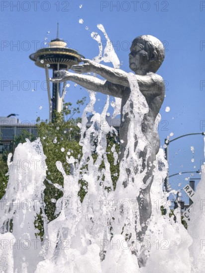 Father and Sun fountain by Louise Bourgeois with Space Needle in the background, Seattle, Washington, USA, North America