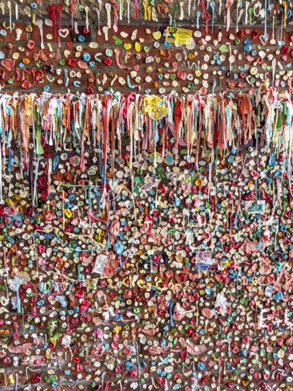 Stone wall with stick-on chewing gum, The Gum Wall, Seattle, Washington, USA, North America