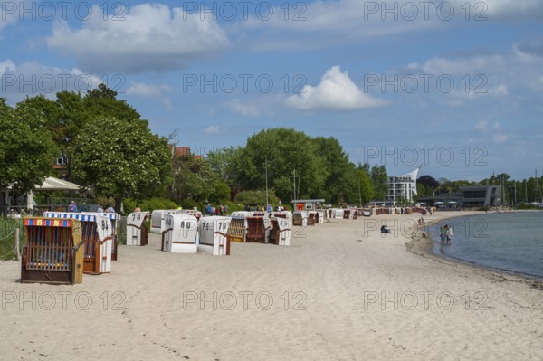 Beach chairs on the sandy beach, Ostsee Info Centre, Kurstrand, Nixe by E. Kowalke, Eckernförde, Baltic Sea, Schleswig-Holstein, Germany