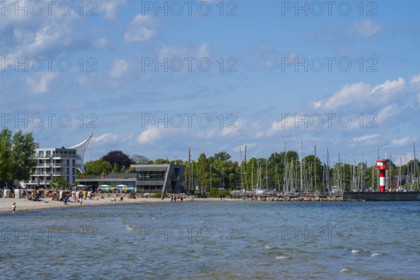 Baltic Sea information centre, lighthouse at the harbour, coastline, Eckernförde, Baltic Sea, Schleswig-Holstein, Germany