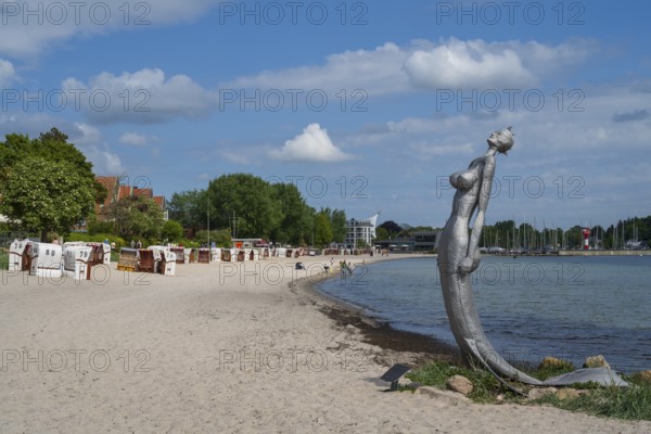 Beach chairs on the sandy beach, Kurstrand, Nixe by E. Kowalke, Eckernförde, Baltic Sea, Schleswig-Holstein, Germany