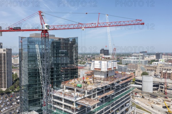 Detroit, Michigan - Construction of the 25-story JW Marriott Detroit Water Square hotel. The building is next to the new luxury Water Square apartment building