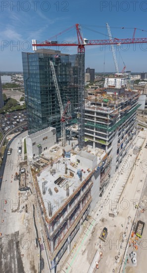 Detroit, Michigan - Construction of the 25-story JW Marriott Detroit Water Square hotel. The building is next to the new luxury Water Square apartment building