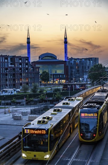 Utrecht city centre, Mosque Ulu Camii, Mosque at Utrecht Centraal station, trams, public transport stop, Netherlands
