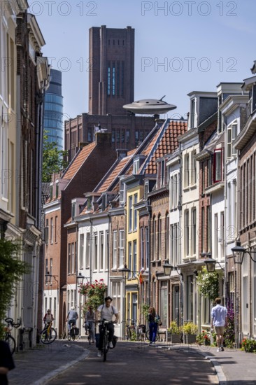Utrecht, Netherlands, historic centre, Haverstraat, old town houses, lanterns, residential buildings, in the background building Inktpot, highest brick building in the Netherlands, office building, UFO on the roof, object of an earlier exhibition