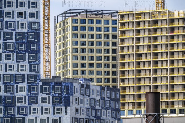Construction of over 920 student flats at Cambridgelaan in the Science Park, University of Utrecht, High Five building, modular construction, all components, including the interior fittings with wet rooms, are prefabricated and assembled just in time on site, 20% cost savings and 50% shorter construction time, on the left the already completed Johanna hall of residence, with facade in tiled design, with over 650 student rooms, flats, Netherlands