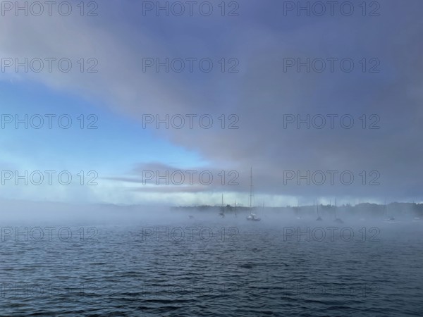 Sailing boats on Lake Starnberg with fog, Bavaria, Germany