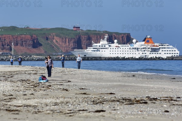 Tourists and photographers on the beach of the Heligoland dune, cruise ship in front of cliffs, mass tourism, Heligoland, North Sea, Schleswig-Holstein, Germany