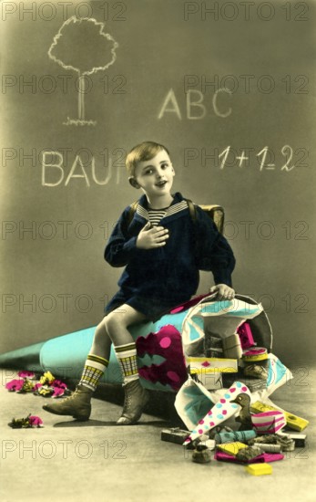 Child giant school cone, 1930s, boy sitting on a fallen school cone in front of a blackboard, toys scattered around, nostalgic atmosphere, historical photo