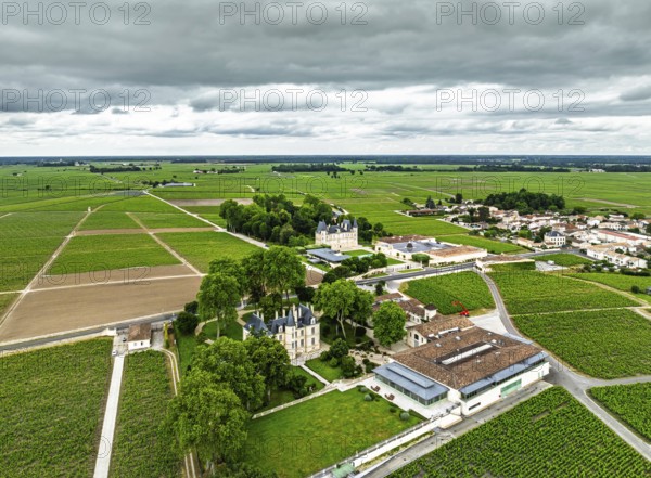 Chateau Pichon Longueville Comtesse de Lalande and Chateau Pichon Longueville Baron Vineyard around Pauillac from a drone, Bordeaux, Gironde, Nouvelle-Aquitaine, France