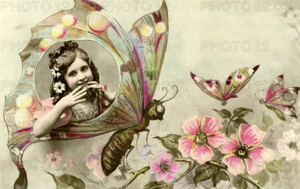 Girl in a butterfly, 1930s, A girl in a vintage portrait surrounded by butterflies and flowers in bright colours, Historical photo