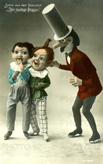 Ice ballet, 1920s, Three figures with oversized heads stand together in a comic scene, historical photo