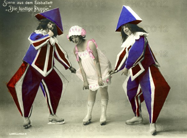 Ice ballet, 1920s, performers in eye-catching costumes interacting with a performer on skates, historical photo