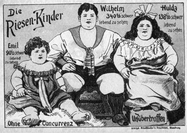 Advertising poster, The Giant Children, 1910s, poster advertising giant children as an attraction, with figures labelled with weights, historical photo