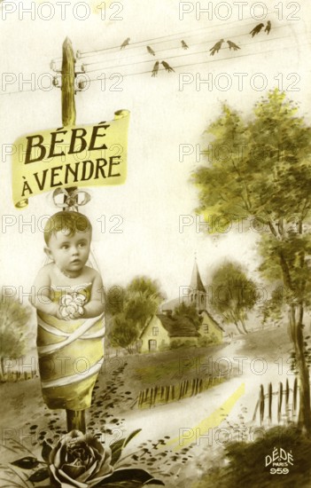Baby for sale, 1910, A baby is humorously hung as a poster, with a picturesque landscape in the background, Historical photo