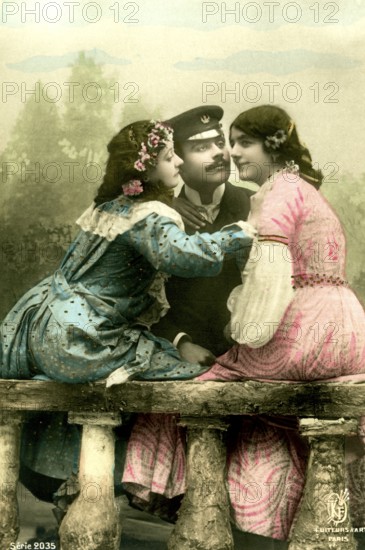 Man with 2 woman, 1920, Two woman in colourful dresses and a man in uniform sitting in conversation, Historical photo