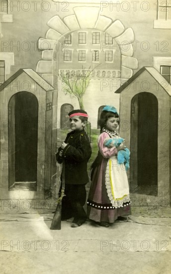2 children dressed up, 1920, Two children in costumes with toy gun, in front of a painted scenery, vivid colours, Historical photo