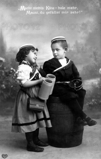 Boy and girl flirting, 1920, Boy and girl in old-fashioned clothes, in a humorous scene with dialogue, Historical photo