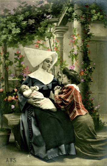 Nun, woman, baby, 1920, A nun holds a child, a woman kneels next to her in a flowering garden, Historical photo