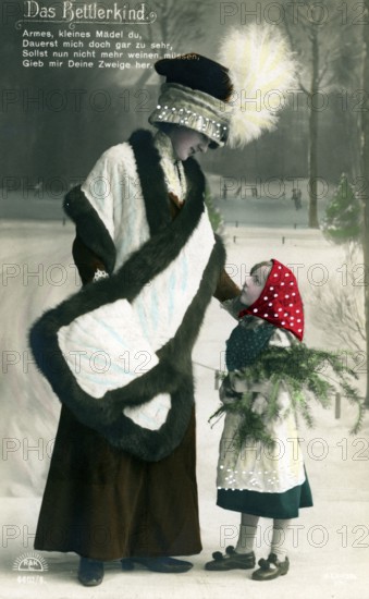 Wealthy woman meets begging child, 1910s, A woman in fur and a child in a red headscarf stand on a snow-covered path, Historical photo