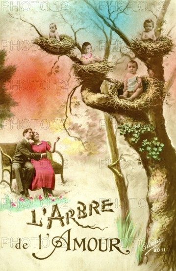 Babies in a tree, 1910, An artistic tree with lovers and children in nests, radiates a romantic atmosphere, Historical photo