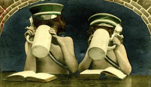 Two children with jugs, 1910s, Two children drinking from large jugs and sitting with open books, Historical photo