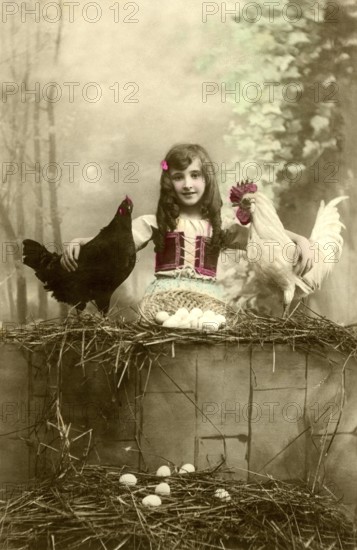 Girl with hen and cock, 1910s, Girl sitting between chickens and eggs in a coop, rural and cheerful scene, historical photo