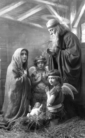 Mary, Joseph and the Christ Child, 1930s, Religious depiction with angels and child in an adoration scene, Historical photo