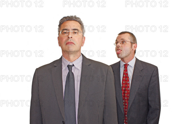 Businessman, two, grimace, suit and tie, Berlin, Germany, Two men in suits, one makes a humorous gesture while the other looks serious, Historical photo