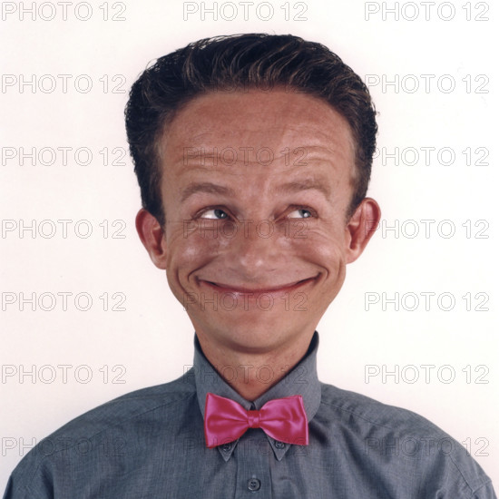 Parody, Photo Cartoon, digitally manipulated, Man grinning, Berlin, Germany, A man with an oversized head and a broad smile wears a bow tie, Historical photo