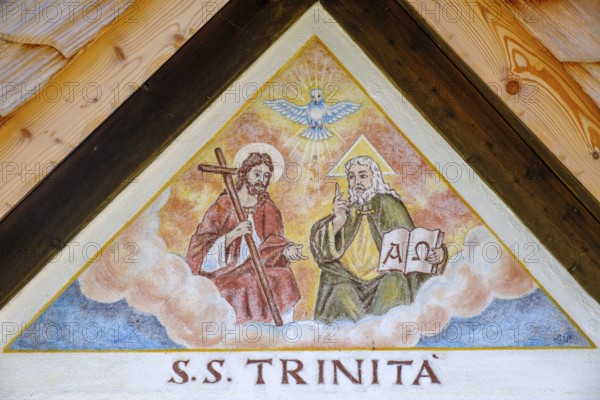 Holy Trinity on an old farm, in the hamlet of Hoffe, Sappada, Plodn, Carnic Alps, Julian Friuli, Italy
