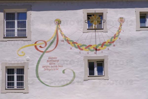 Sundial, Faith, Hope and Love, inner courtyard, St Stephen's Cathedral, Passau, Lower Bavaria, Bavaria, Germany