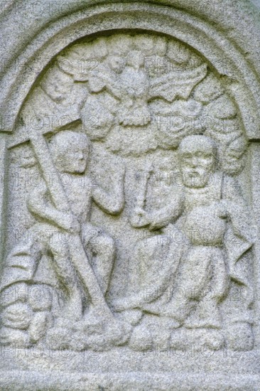 Trinity, historic wayside shrine, pear tree, near Steinwiesen, Franconian Forest, Thuringian Slate Mountains, Thuringia, Germany