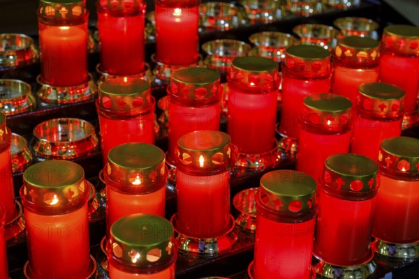 Votive candles, votive pictures, pilgrimage church, Santuario della Madonna di Pinè, Montagnaga, Val di Pine, Alta Valsugana e Bersntol, Trentino, Italy