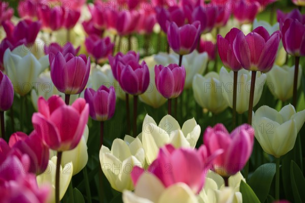 Pink and white tulips bloom brightly in the open air and radiate a lively spring atmosphere, Keukenhof, Lisse, province of South Holland, Netherlands