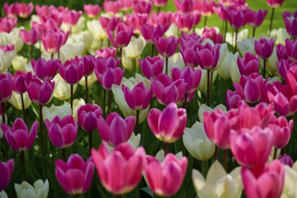 A sea of pink and white tulips blooming in a park and spreading a fresh spring atmosphere, Keukenhof, Lisse, province of South Holland, Netherlands
