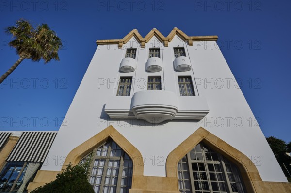 Modern white building with balconies and palm trees, clear, sunny atmosphere, Boutique Hotel Albergo Gelsomino, 5-star hotel, Kos Town, Kos, Dodecanese, Greek Islands, Greece