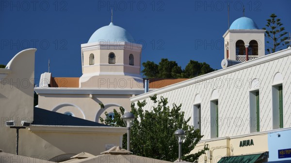 Mediterranean building with domes and steeple in vivid colours, Agia Paraskevi Church, Kos Town, Kos, Dodecanese, Greek Islands, Greece