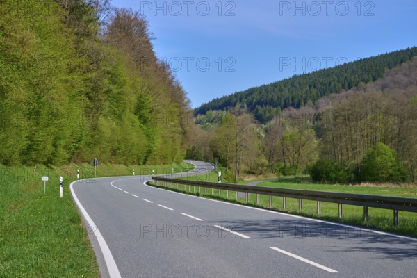 Winding country road leads through a green, wooded landscape under a clear sky, spring, Burgsinn, Sinntal, Spessart, Bavaria, Germany